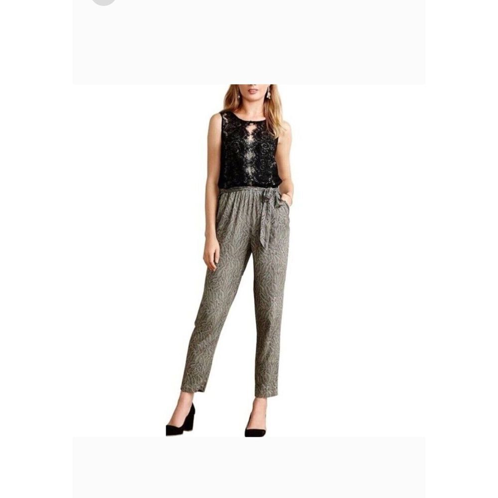 Anthropologie Elevenses Feather Print Lace Medley Jumpsuit SZ 0